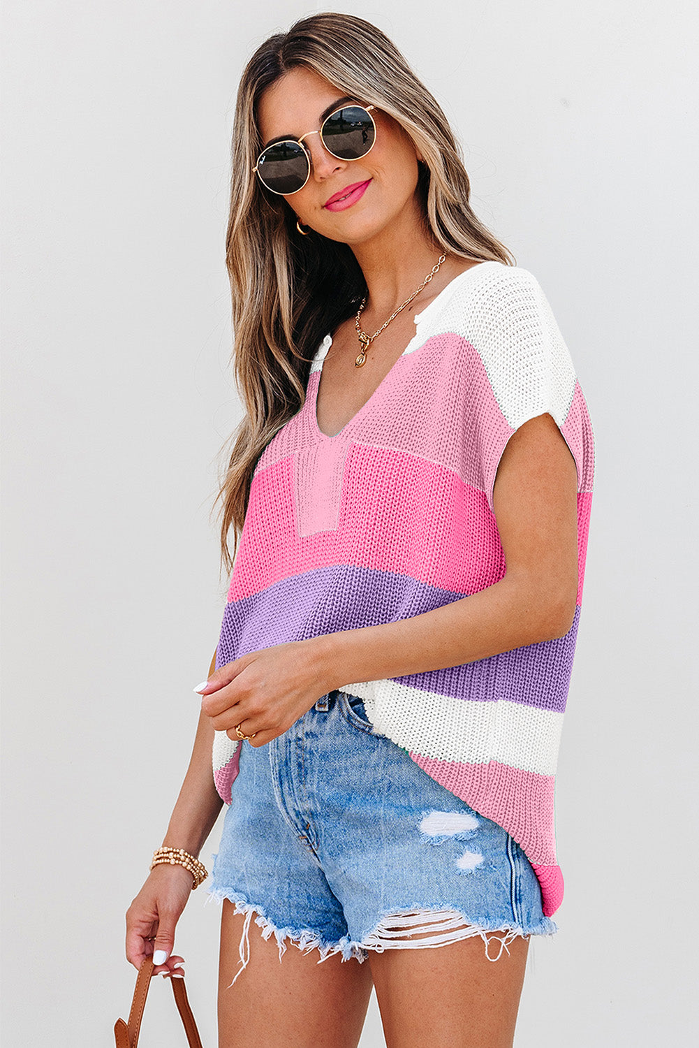 Pink Color Block Notch V Neck Sweater T Shirt-TOPS / DRESSES-[Adult]-[Female]-2022 Online Blue Zone Planet
