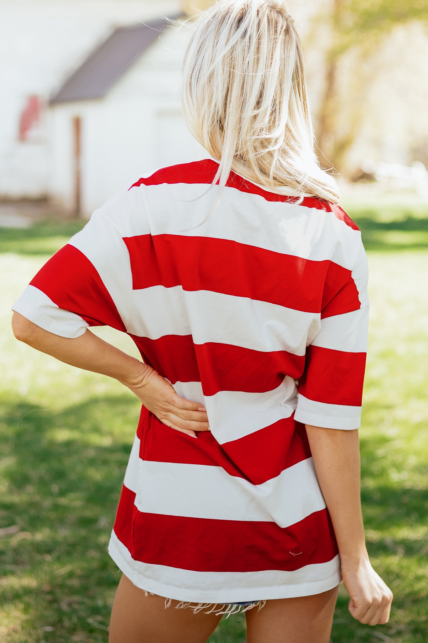 Racing Red Striped Color Block Oversize Tunic Tee-Tops/Tops & Tees-[Adult]-[Female]-2022 Online Blue Zone Planet