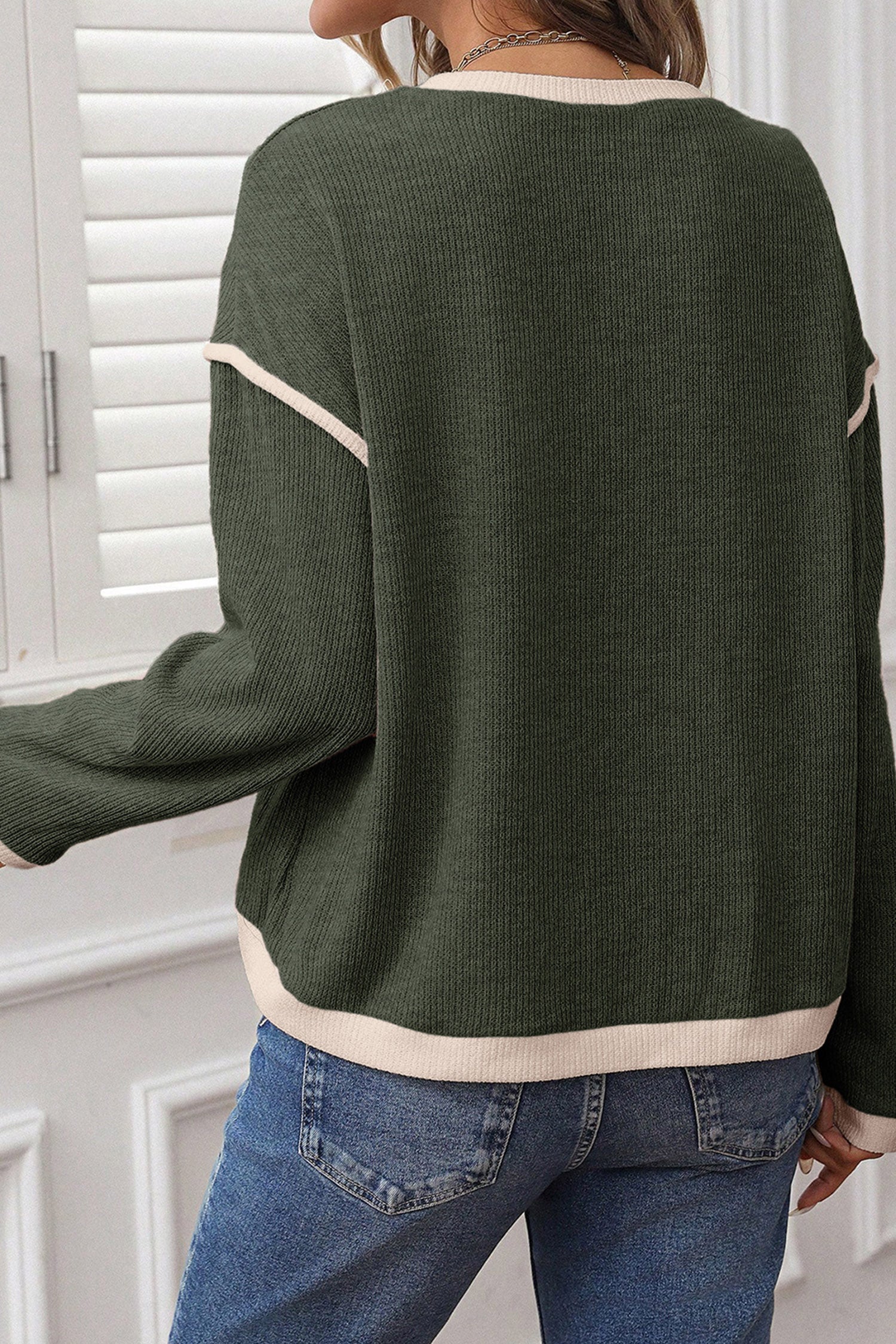 Four Leaf Clover Mallard Duck Graphic Contrast Trim Patchwork Casual Knit Top-Graphic/Graphic Long Sleeve Tees-[Adult]-[Female]-2022 Online Blue Zone Planet