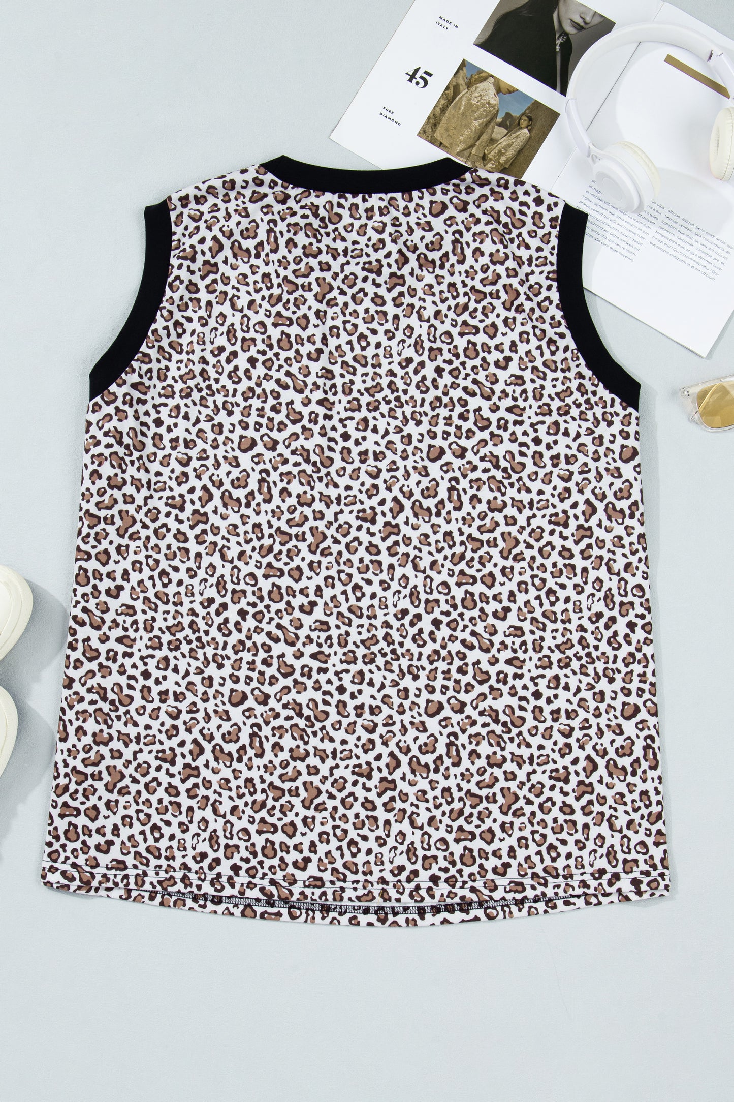 Khaki Contrast Trim Plus Size Leopard Vest-Plus Size/Plus Size Tops/Plus Size Tank Tops-[Adult]-[Female]-2022 Online Blue Zone Planet