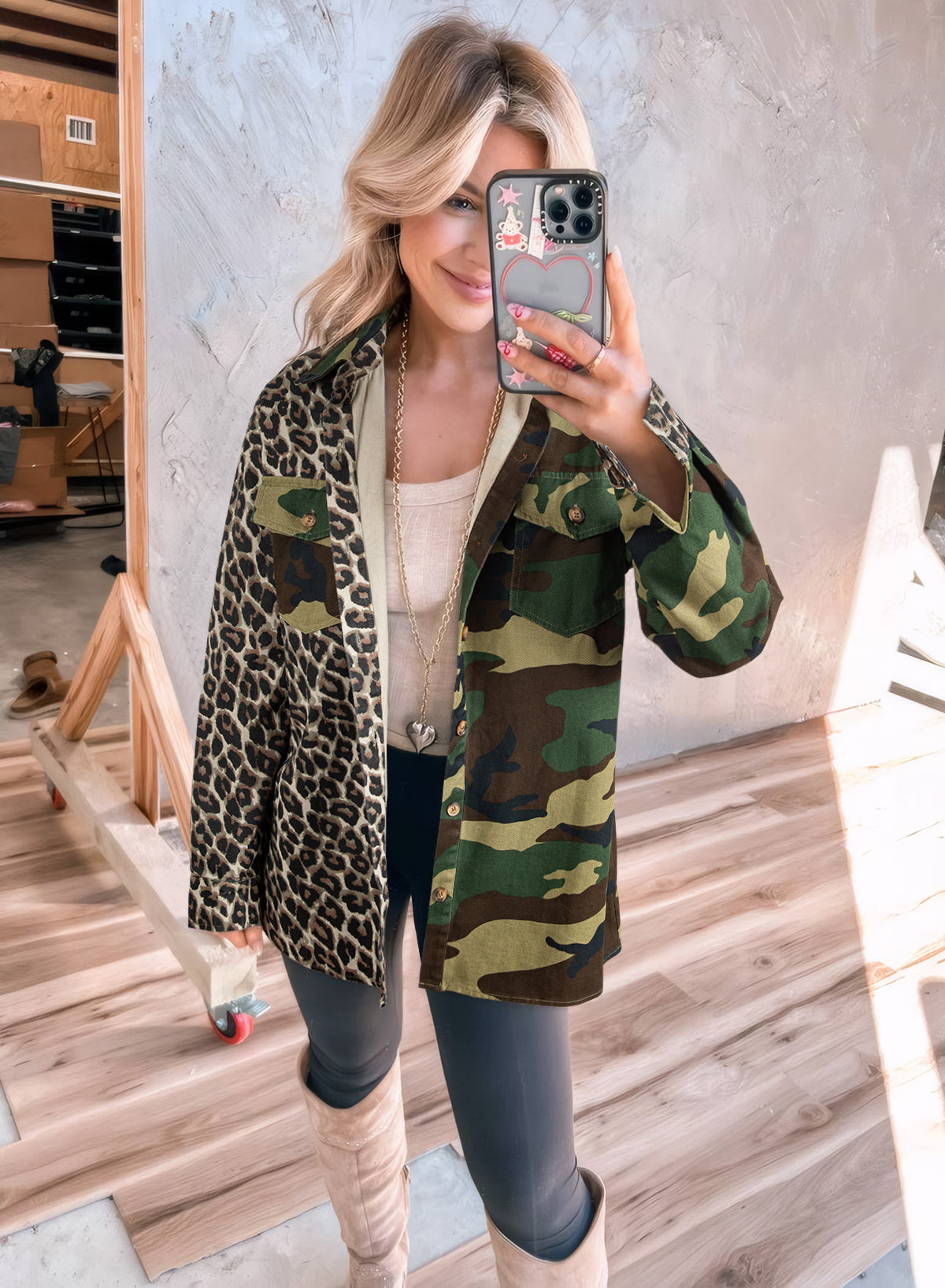 Brown Leopard Camo Patchwork Oversize Shacket-Outerwear/Jackets-[Adult]-[Female]-2022 Online Blue Zone Planet