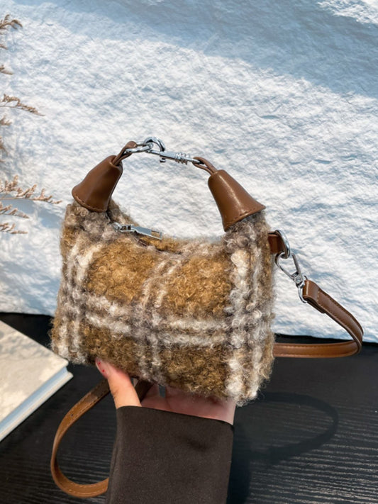 Blue Zone Planet | Fuzzy Polyester Mini Handbag with Zipper-Handbags-[Adult]-[Female]-Camel-One Size-2022 Online Blue Zone Planet