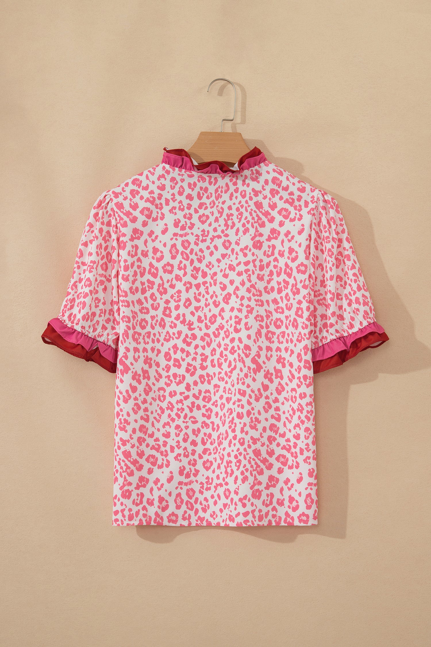 Pink Stripe Ruffled Trim V Neck Leopard Print Short Sleeve Blouse-Tops/Blouses & Shirts-[Adult]-[Female]-2022 Online Blue Zone Planet