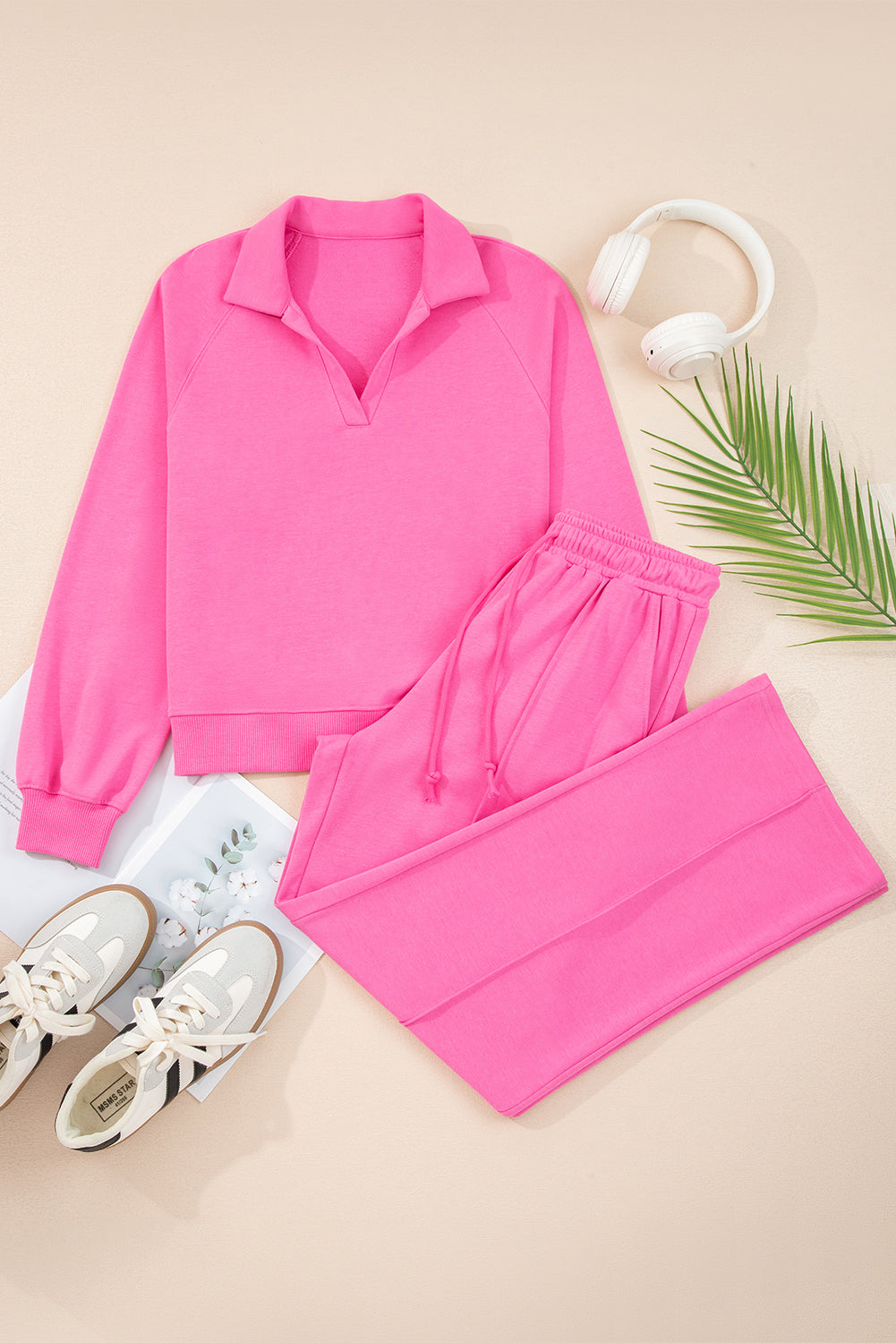 Sachet Pink Solid Color Collared Pullover and Central Seam Pants Set-Two Piece Sets/Pant Sets-[Adult]-[Female]-2022 Online Blue Zone Planet