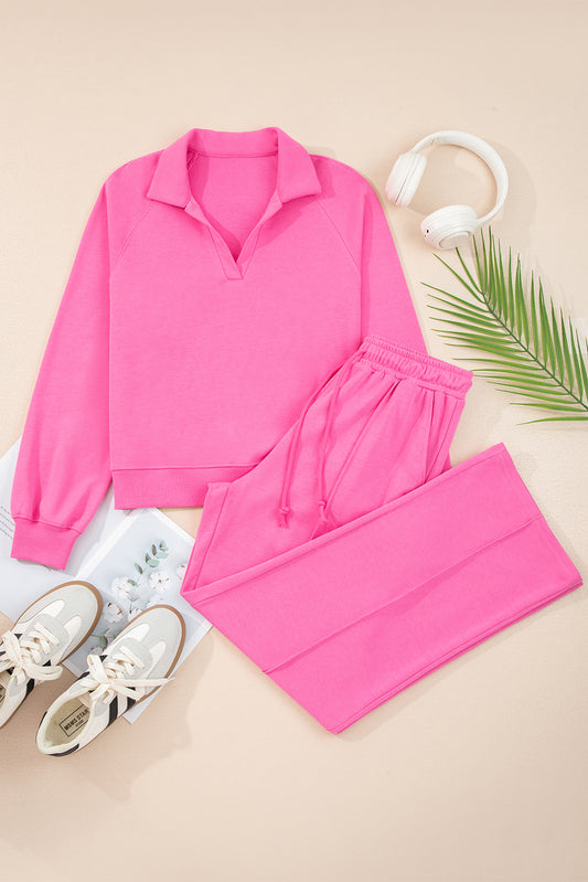 Sachet Pink Solid Color Collared Pullover and Central Seam Pants Set-Two Piece Sets/Pant Sets-[Adult]-[Female]-2022 Online Blue Zone Planet