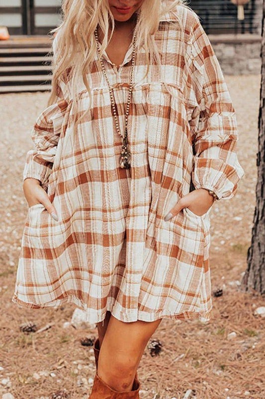 Blue Zone Planet | Plaid Collared Neck Long Sleeve Mini Shirt Dress-TOPS / DRESSES-[Adult]-[Female]-Camel-S-2022 Online Blue Zone Planet