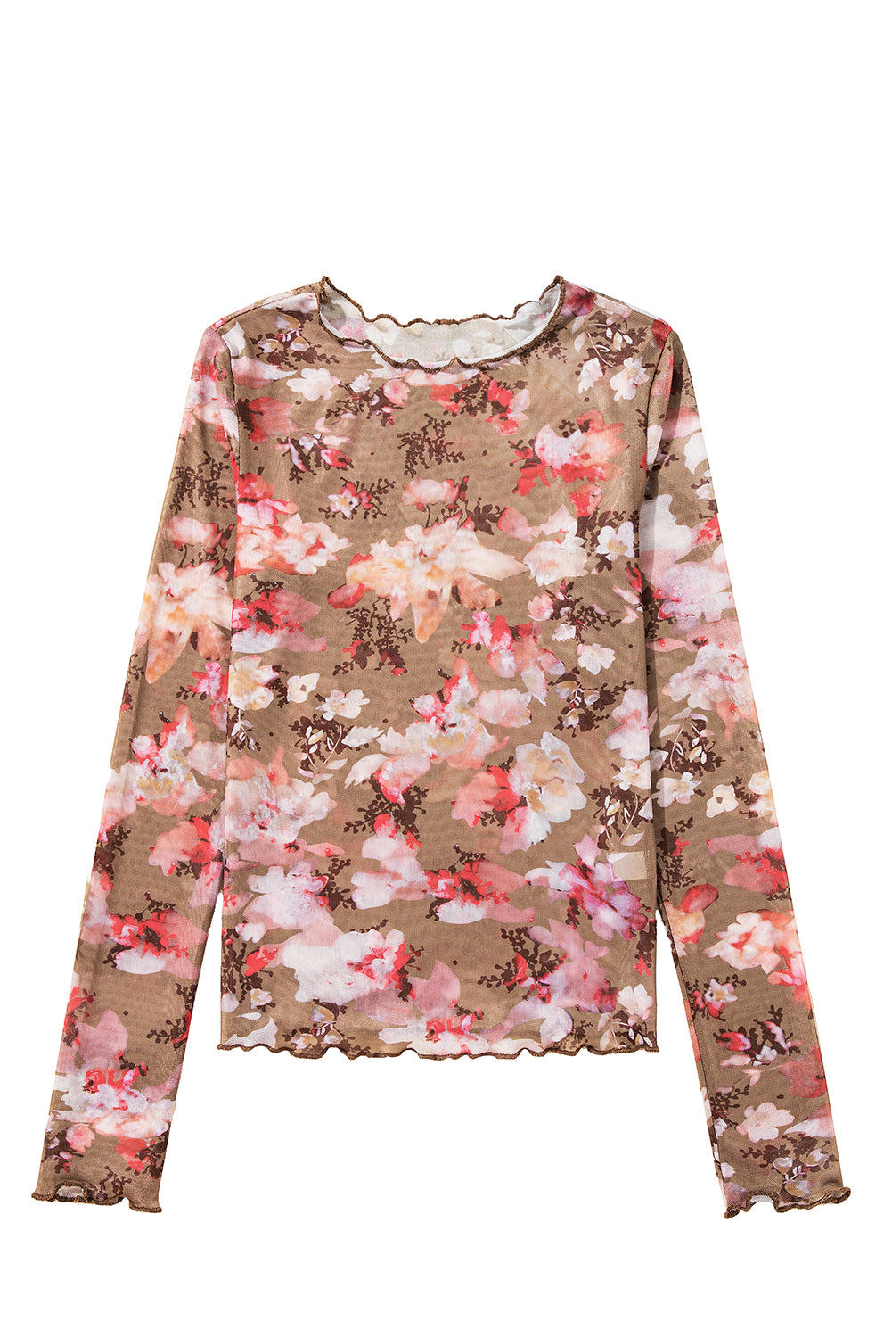 Red Floral Print Sheer Mesh Long Sleeve Top-Long Sleeve Tops-[Adult]-[Female]-2022 Online Blue Zone Planet