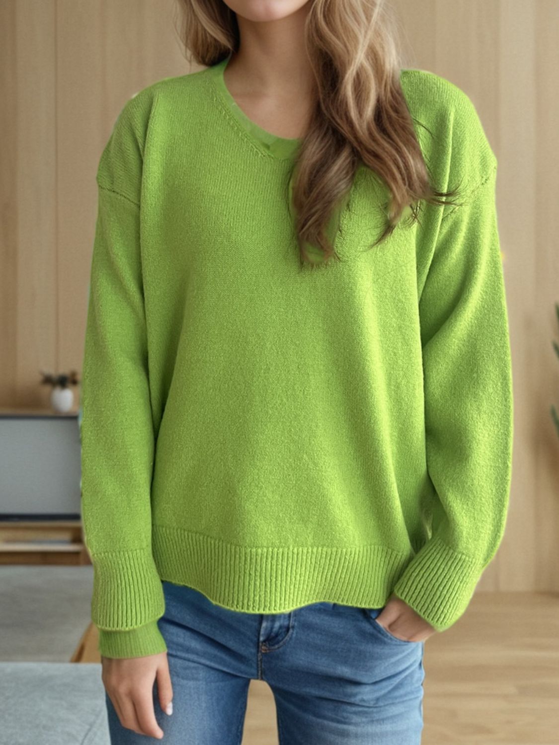 Blue Zone Planet | V-Neck Dropped Shoulder Long Sleeve Sweater-TOPS / DRESSES-[Adult]-[Female]-Lime-One Size-2022 Online Blue Zone Planet