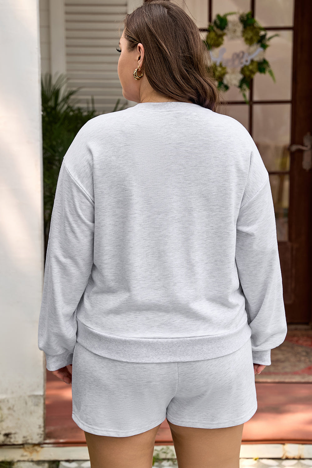 Light Grey Girly Bow Embroidered Puff Sleeve Pullover Loose Shorts Plus 2pcs Outfit-Plus Size/Plus Size Loungewear-[Adult]-[Female]-2022 Online Blue Zone Planet