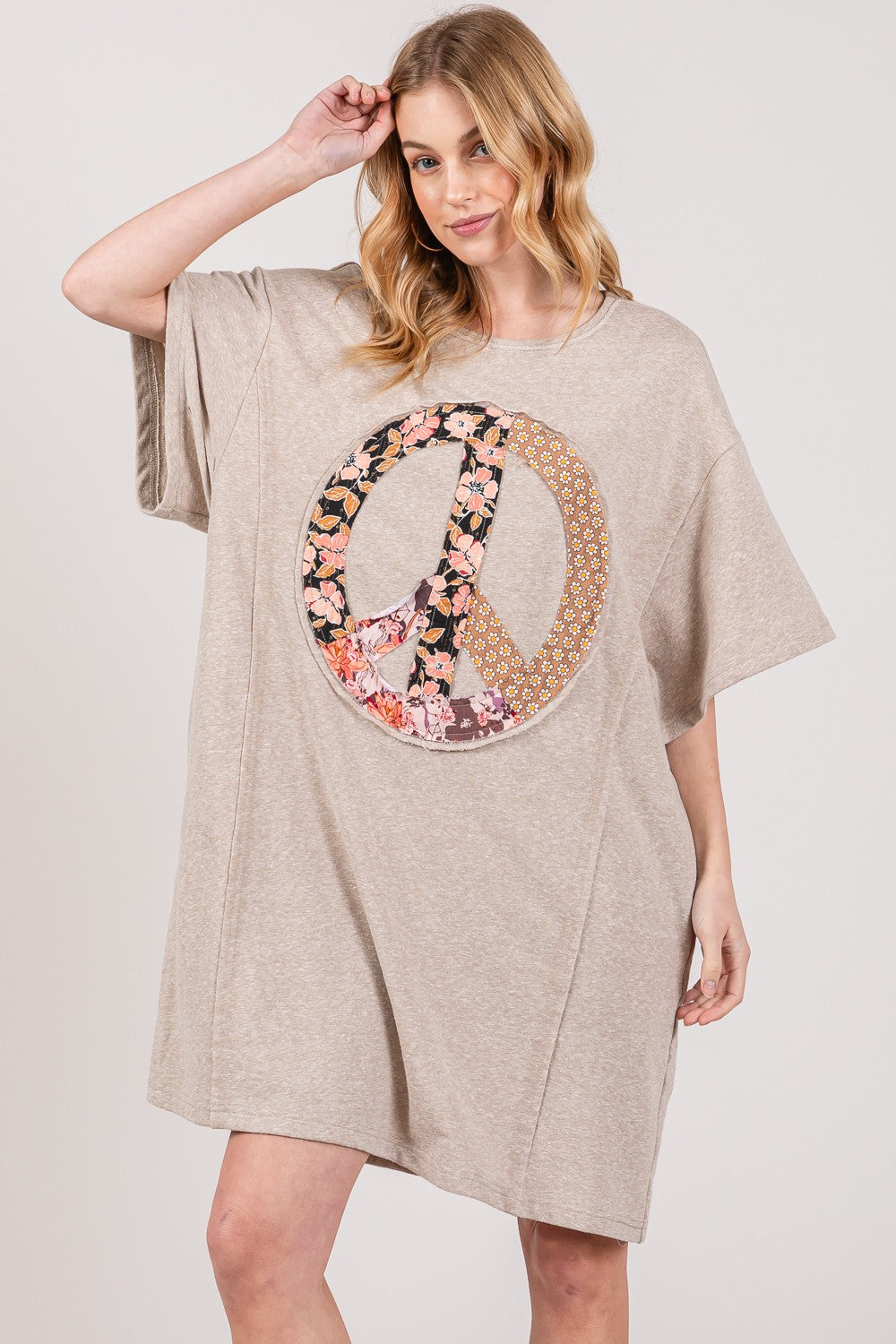 SAGE + FIG Full Size Peace Sign Applique Short Sleeve Tee Dress-TOPS / DRESSES-[Adult]-[Female]-Oatmeal-S-2022 Online Blue Zone Planet