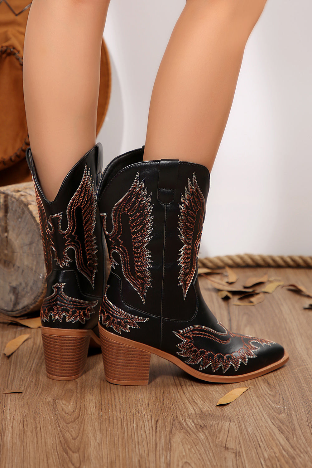 Black Western Eagle Embroidered Faux Leather Boots-Shoes & Bags/Boots-[Adult]-[Female]-2022 Online Blue Zone Planet