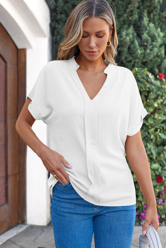 White Notched Neck Batwing Sleeve Lightweight Blouse-Tops/Blouses & Shirts-[Adult]-[Female]-White-S-2022 Online Blue Zone Planet