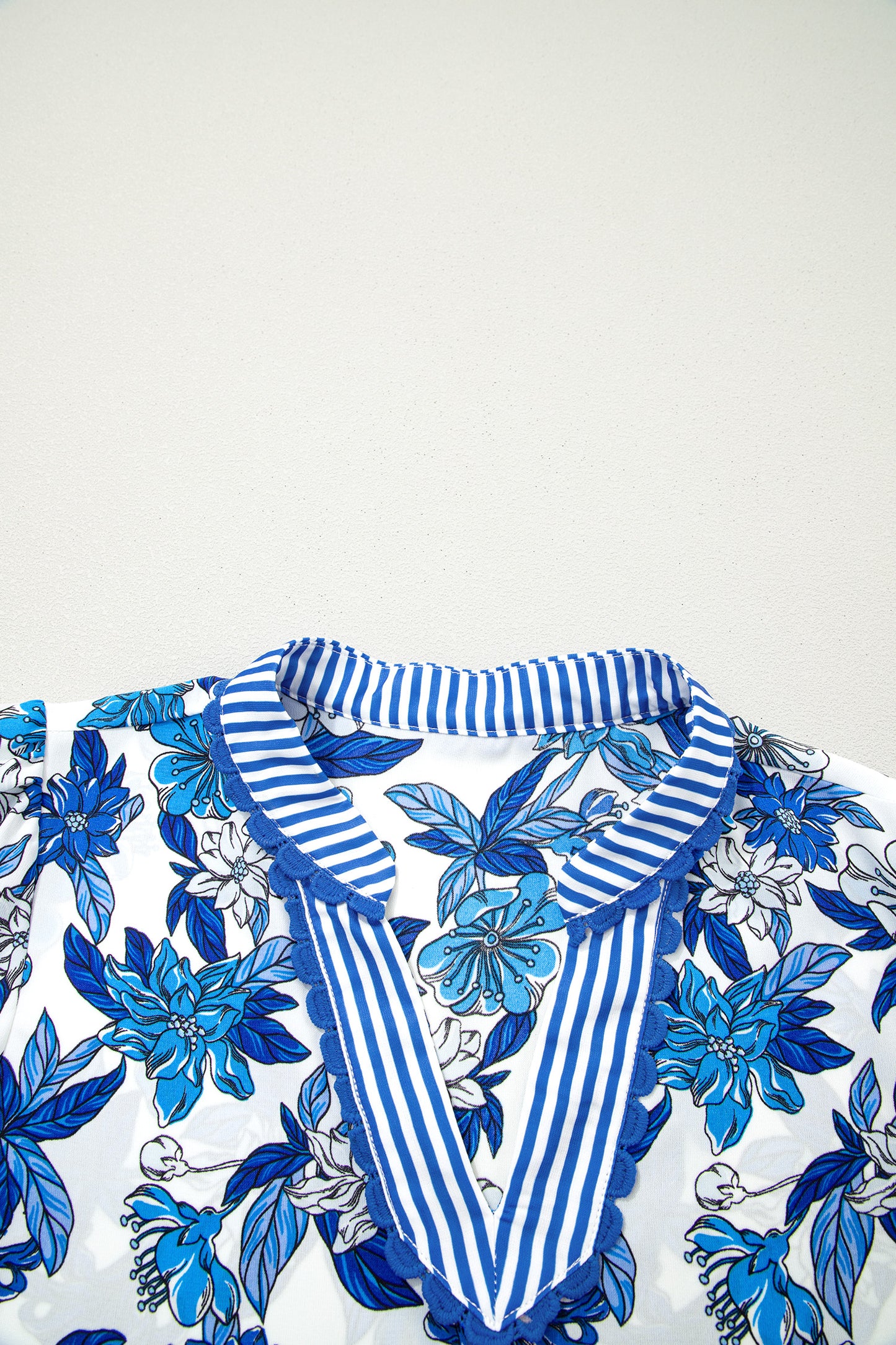 Sky Blue Floral Print Striped Patchwork Long Flounce Sleeve Ricrac Trim V Neck Blouse-Tops/Blouses & Shirts-[Adult]-[Female]-2022 Online Blue Zone Planet