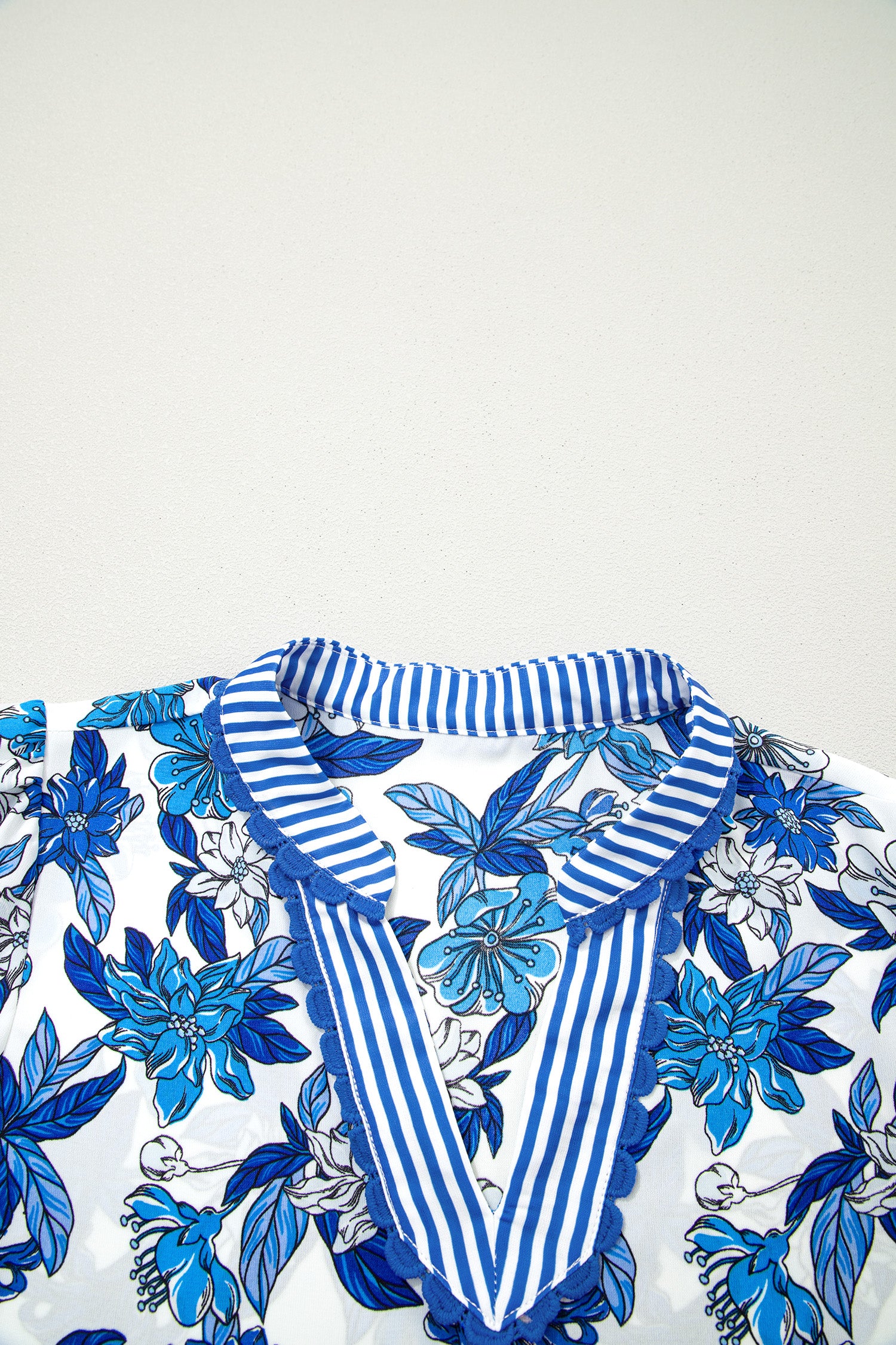 Sky Blue Floral Print Striped Patchwork Long Flounce Sleeve Ricrac Trim V Neck Blouse-Tops/Blouses & Shirts-[Adult]-[Female]-2022 Online Blue Zone Planet