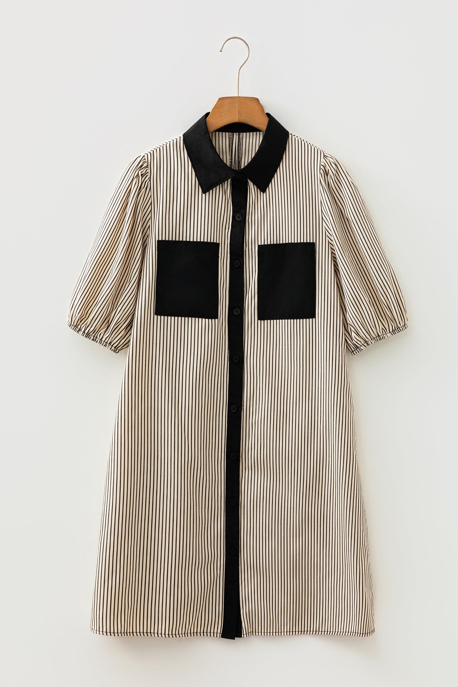 Black Stripe Color Block Patchwork Shirt Collar Button Down Puff Sleeve Mini Dress-TOPS / DRESSES-[Adult]-[Female]-2022 Online Blue Zone Planet