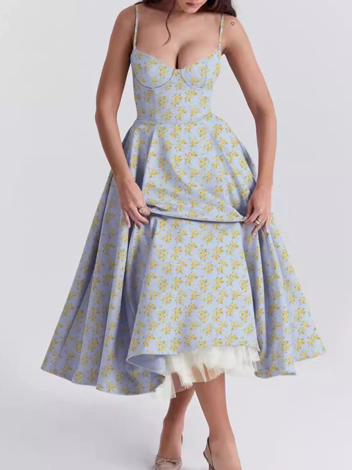 Sweetheart Neck A-Line Midi Dress Navy Blue / XL
