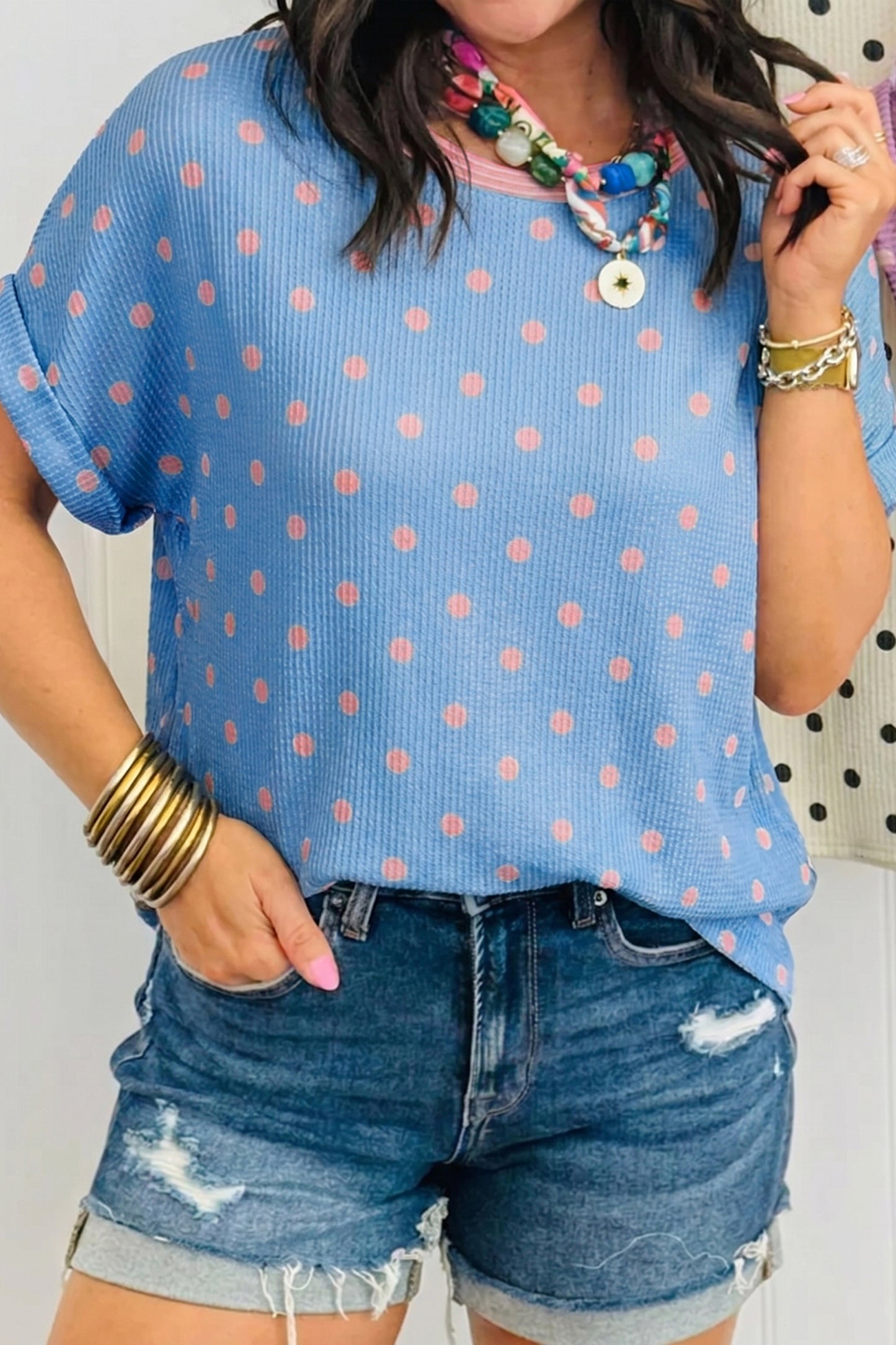 Sky Blue Raised Rib Polka Dot Print Cuffed Short Sleeve Top-Tops/Tops & Tees-[Adult]-[Female]-2022 Online Blue Zone Planet