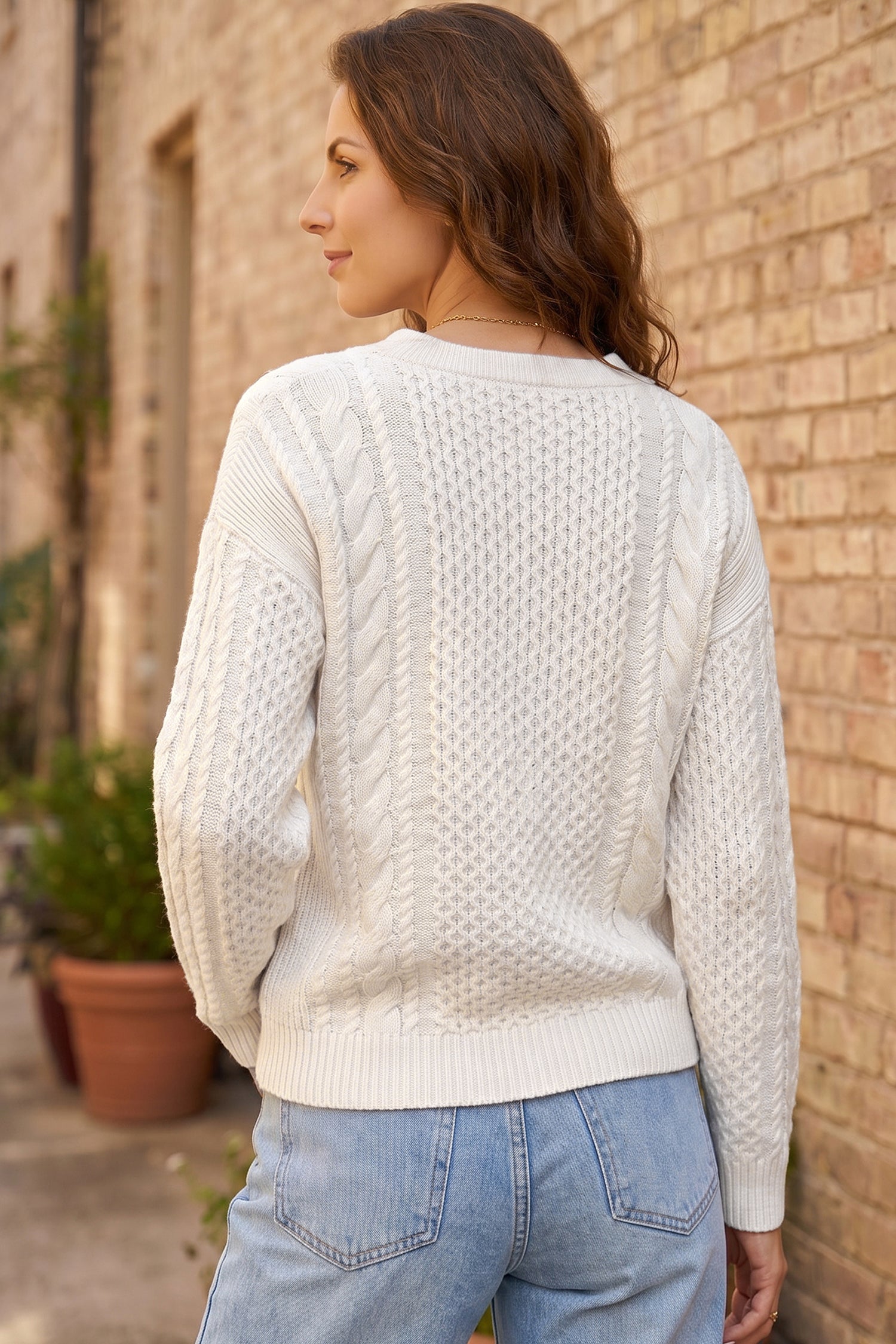 Beige Solid Color Cable Detail Knit Loose Round Neck Sweater-Sweaters & Cardigans/Sweaters-[Adult]-[Female]-2022 Online Blue Zone Planet