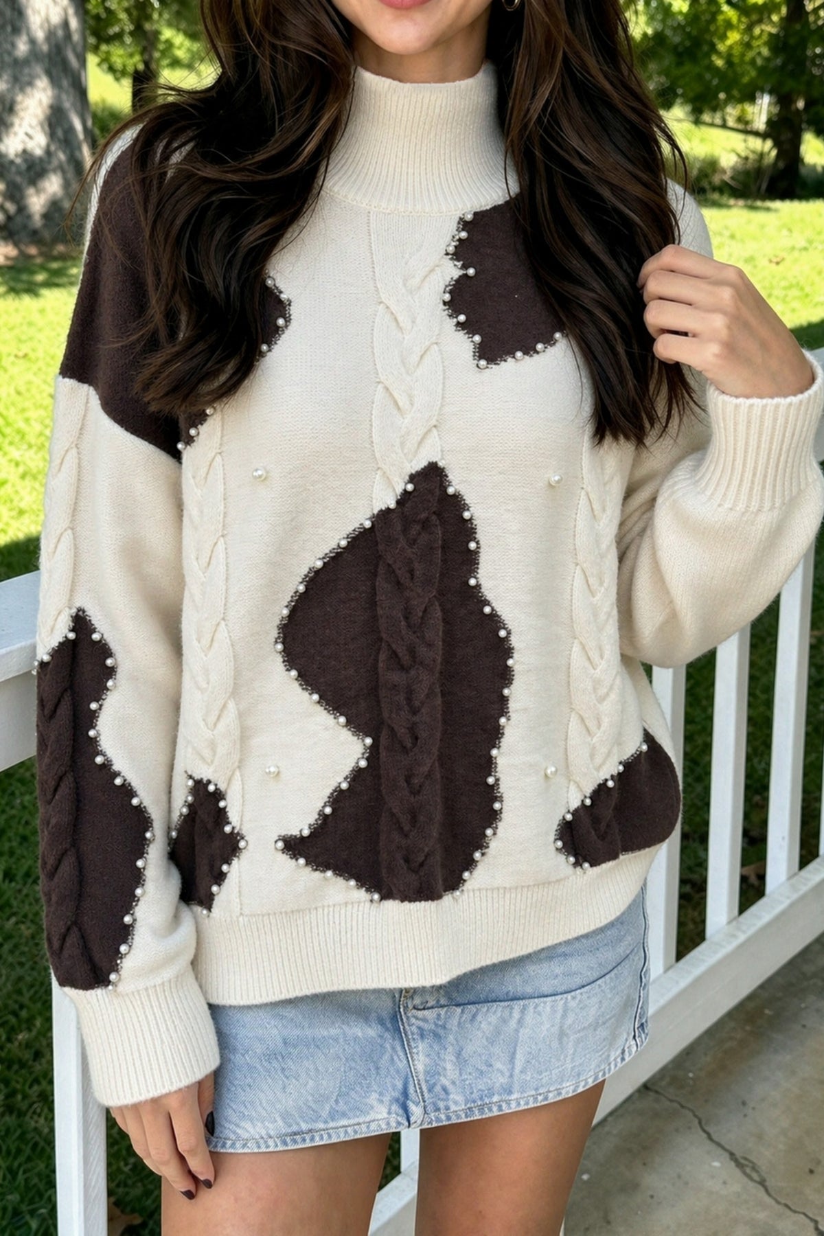Beige Cable Detail Knit Beaded Western Spots Casual Sweater