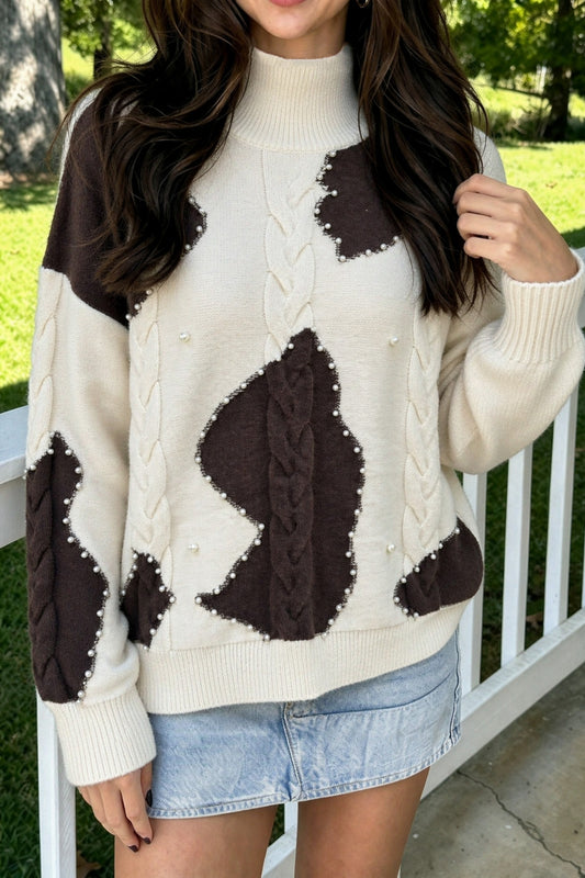 Beige Cable Detail Knit Beaded Western Spots Casual Sweater-Sweaters & Cardigans/Sweaters-[Adult]-[Female]-2022 Online Blue Zone Planet