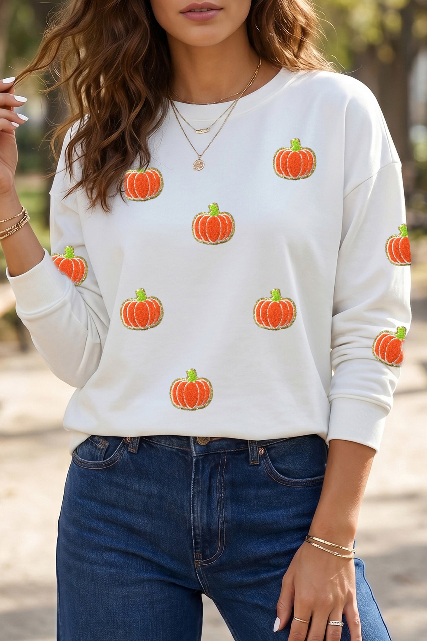 White Glitter Chenille Pumpkin Patch Graphic Long Sleeve Top