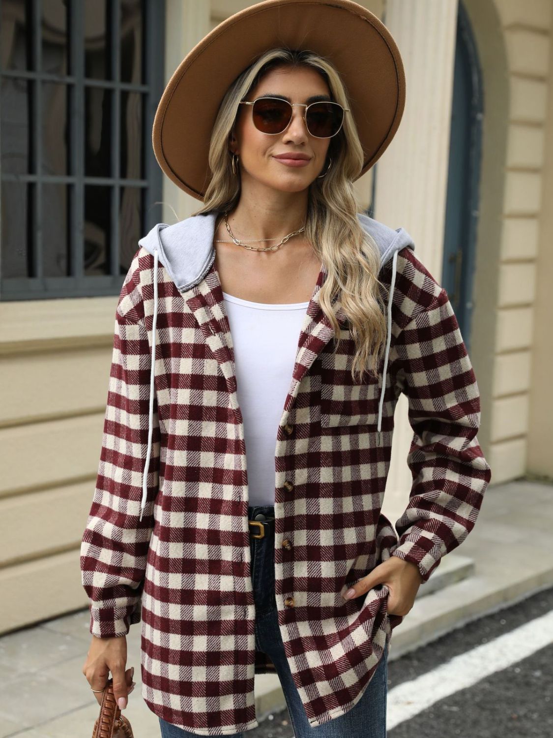 Drawstring Plaid Long Sleeve Hooded Jacket-TOPS / DRESSES-[Adult]-[Female]-2022 Online Blue Zone Planet