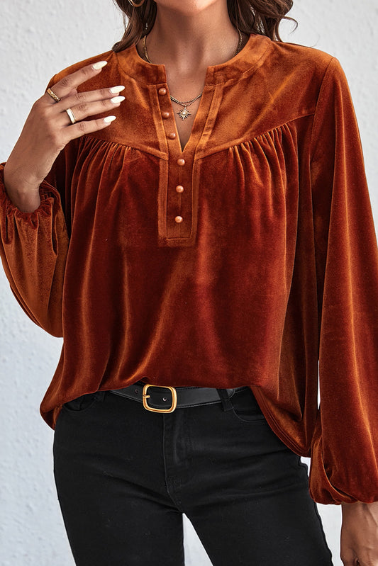 Gold Flame Lantern Sleeve Beaded Split V Neck Velvet Top-Tops/Blouses & Shirts-[Adult]-[Female]-Gold Flame-S-2022 Online Blue Zone Planet