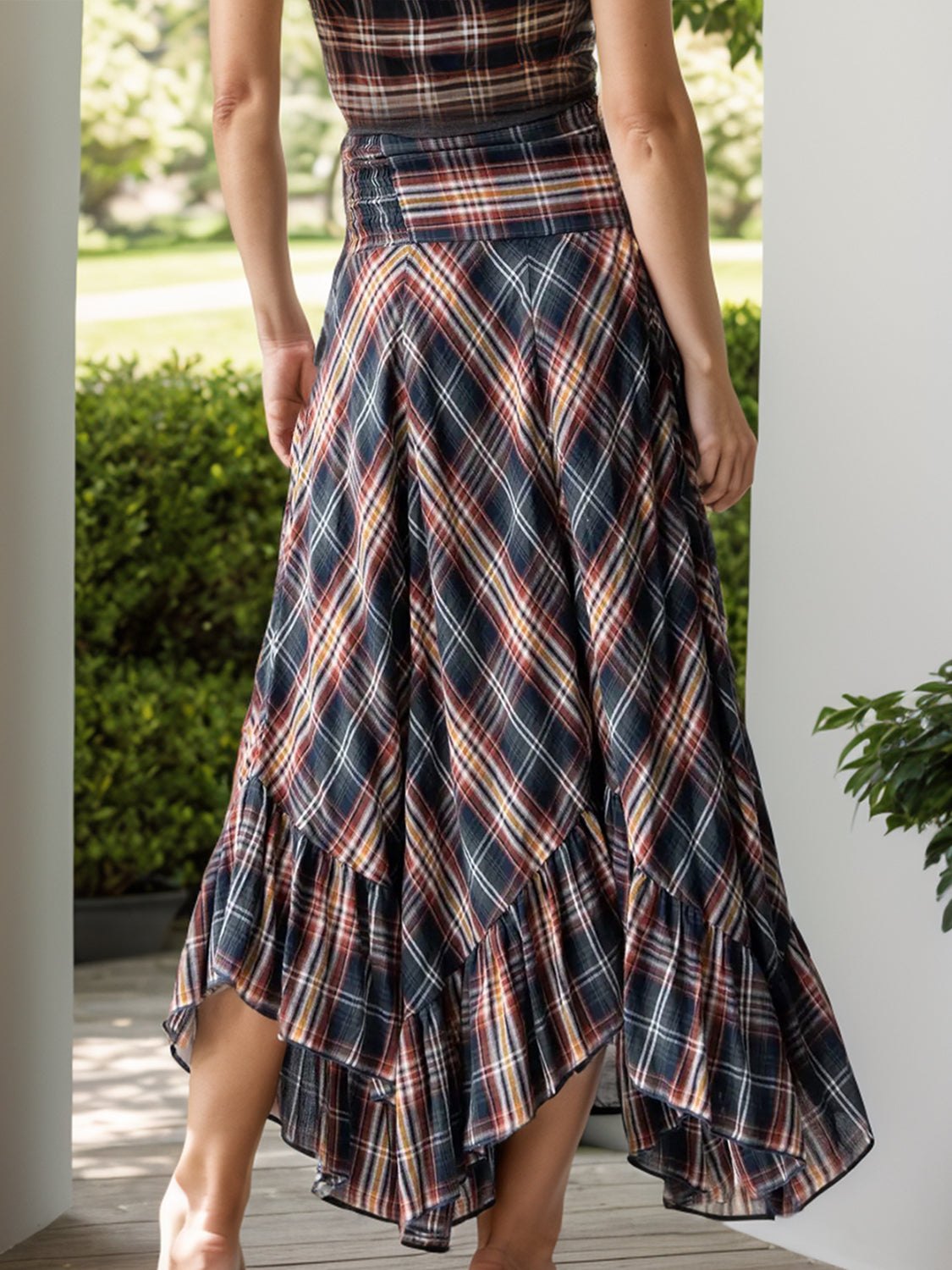 Plaid Asymmetrical Ruffle Hem Skirt-BOTTOMS SIZES SMALL MEDIUM LARGE-[Adult]-[Female]-2022 Online Blue Zone Planet