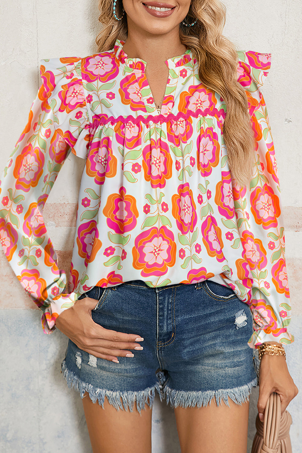 Rose Floral Printed Ruffled Long Sleeve Blouse-Tops/Blouses & Shirts-[Adult]-[Female]-Rose-S-2022 Online Blue Zone Planet