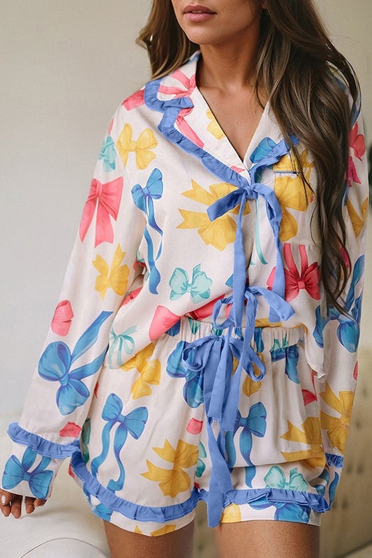 Sky Blue Bow Print Tied Ruffled Pajama Set-Loungewear & Sleepwear/Sleepwear-[Adult]-[Female]-Sky Blue-S-2022 Online Blue Zone Planet