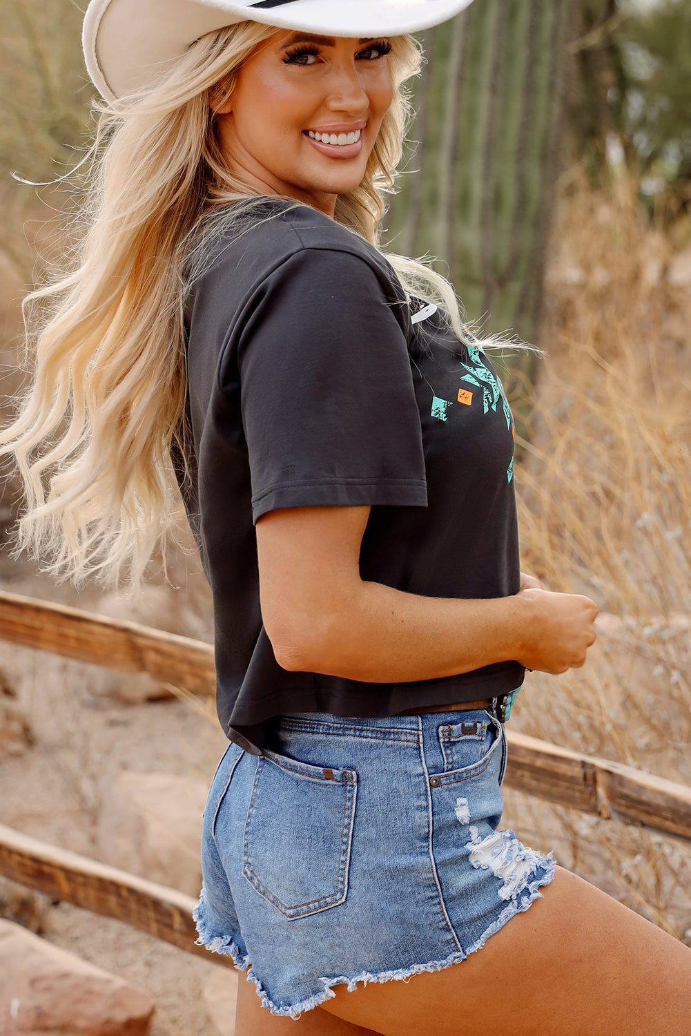 Blue Zone Planet | Carbon Grey Vintage Western Bull Head Skull Turquoise Aztec Graphic T Shirt-Tops/Tops & Tees-[Adult]-[Female]-2022 Online Blue Zone Planet