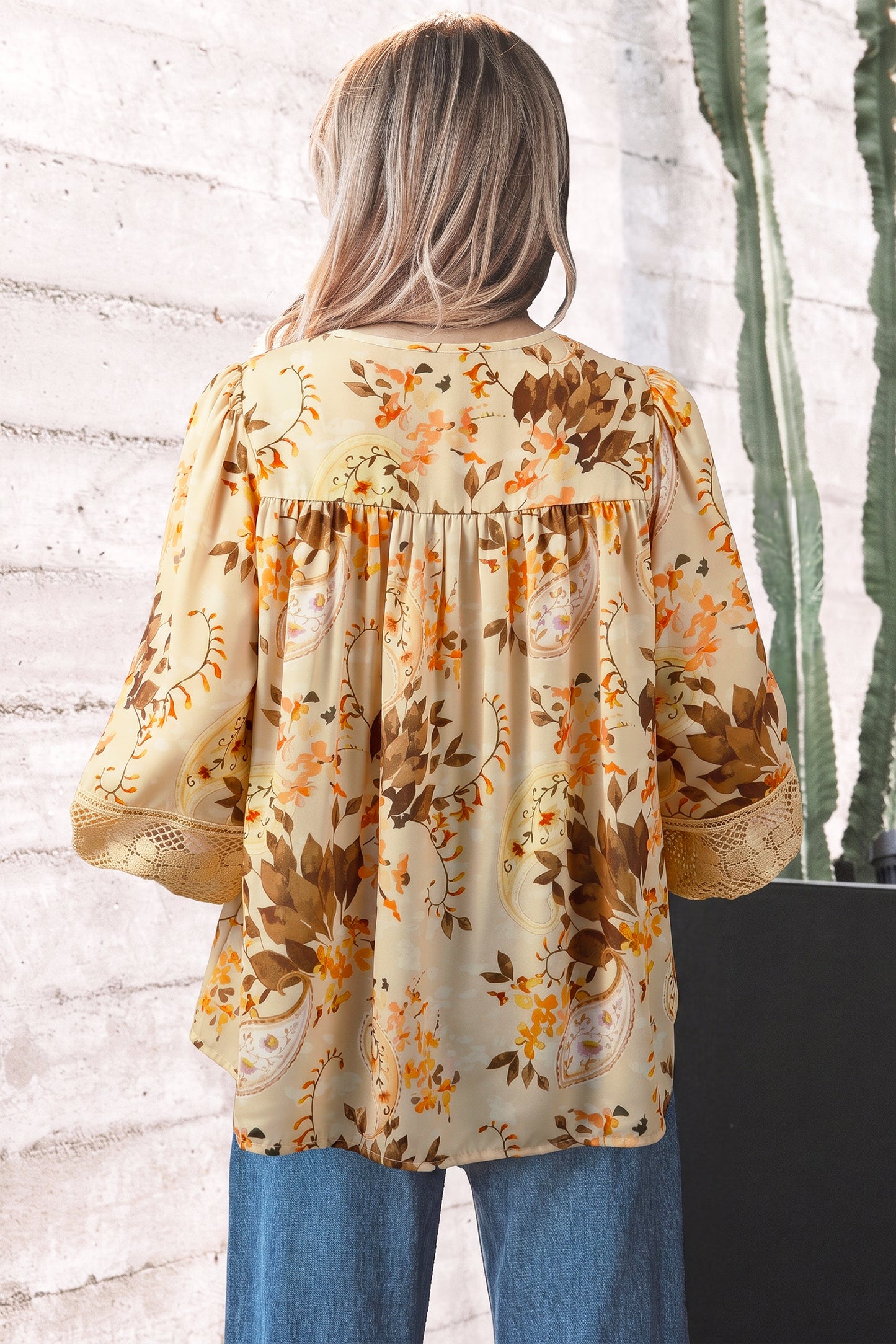 Khaki Paisley Print Decorative Binding Tape V Neck Shift Blouse-Tops/Blouses & Shirts-[Adult]-[Female]-2022 Online Blue Zone Planet