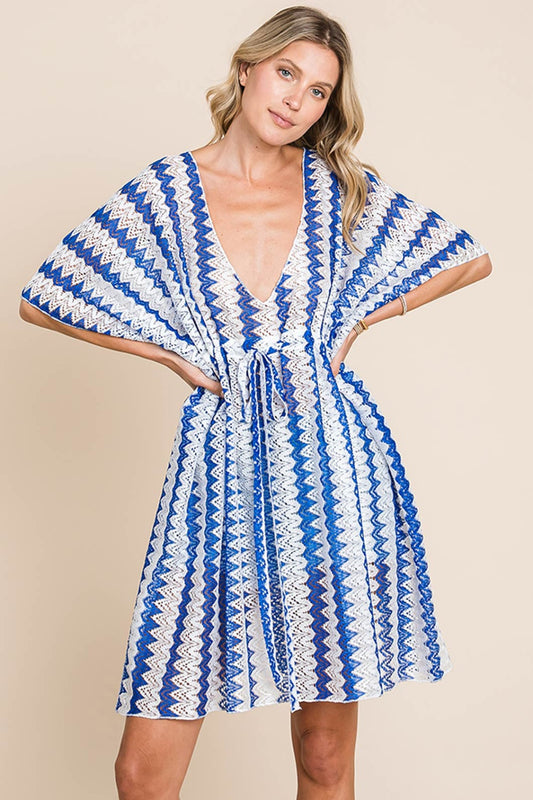 Cotton Bleu by Nu Lab Tied Striped Plunge Half Sleeve Cover-Up-TOPS / DRESSES-[Adult]-[Female]-Royal Blue-S-2022 Online Blue Zone Planet