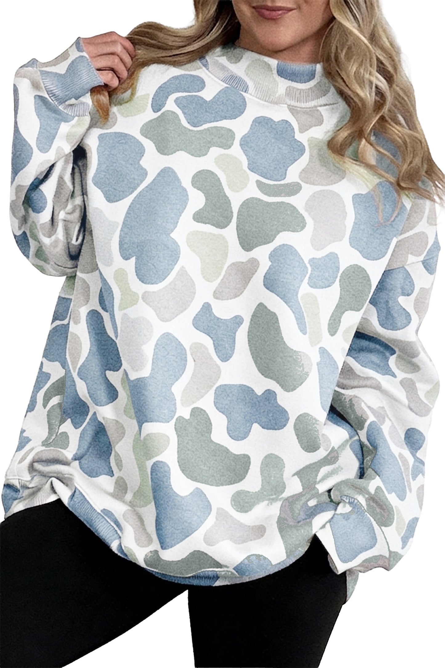 Sky Blue Camouflage Western Style Pullover Sweatshirt-Tops/Sweatshirts & Hoodies-[Adult]-[Female]-2022 Online Blue Zone Planet