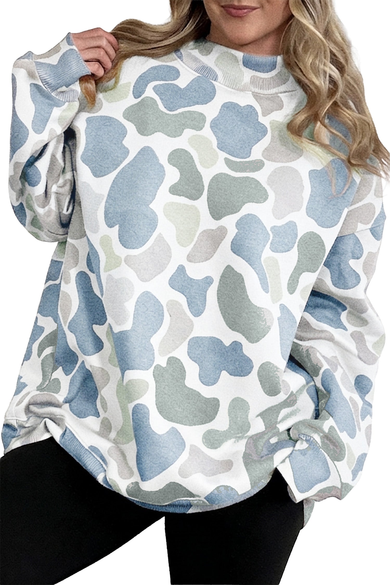 Sky Blue Camouflage Western Style Pullover Sweatshirt-Tops/Sweatshirts & Hoodies-[Adult]-[Female]-2022 Online Blue Zone Planet