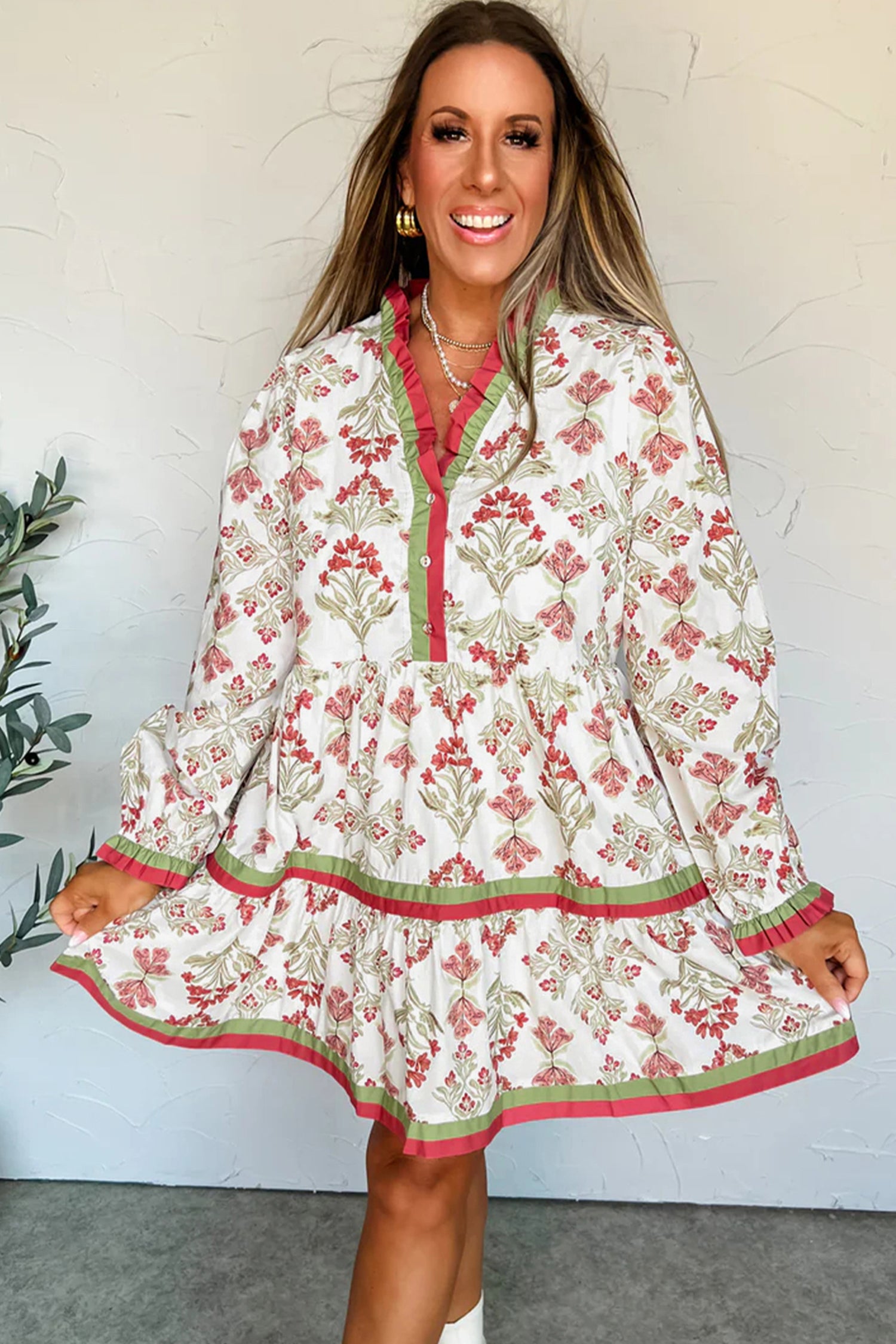 Pink Floral Print Contrast Trim Frilled Neck Long Sleeve Flared Dress-TOPS / DRESSES-[Adult]-[Female]-2022 Online Blue Zone Planet