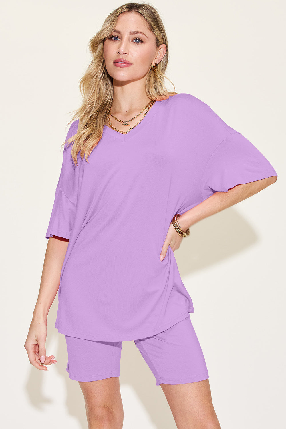 Basic Bae Bamboo Full Size V-Neck Drop Shoulder T-Shirt and Shorts Set-TOPS / DRESSES-[Adult]-[Female]-Lavender-S-2022 Online Blue Zone Planet