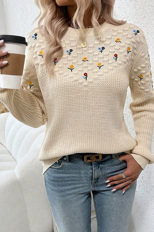 Jet Stream Mixed Texture Knit Flower Embroidered Detail Casual Sweater-TOPS / DRESSES-[Adult]-[Female]-Jet Stream-S-2022 Online Blue Zone Planet