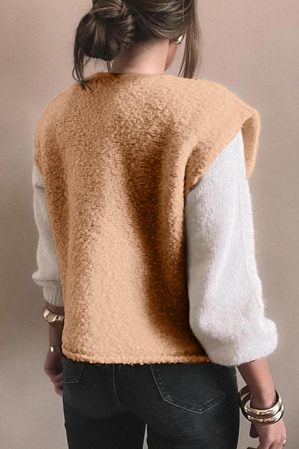 Light French Beige Big Button Accent Fuzzy Pocket Vest-TOPS / DRESSES-[Adult]-[Female]-2022 Online Blue Zone Planet
