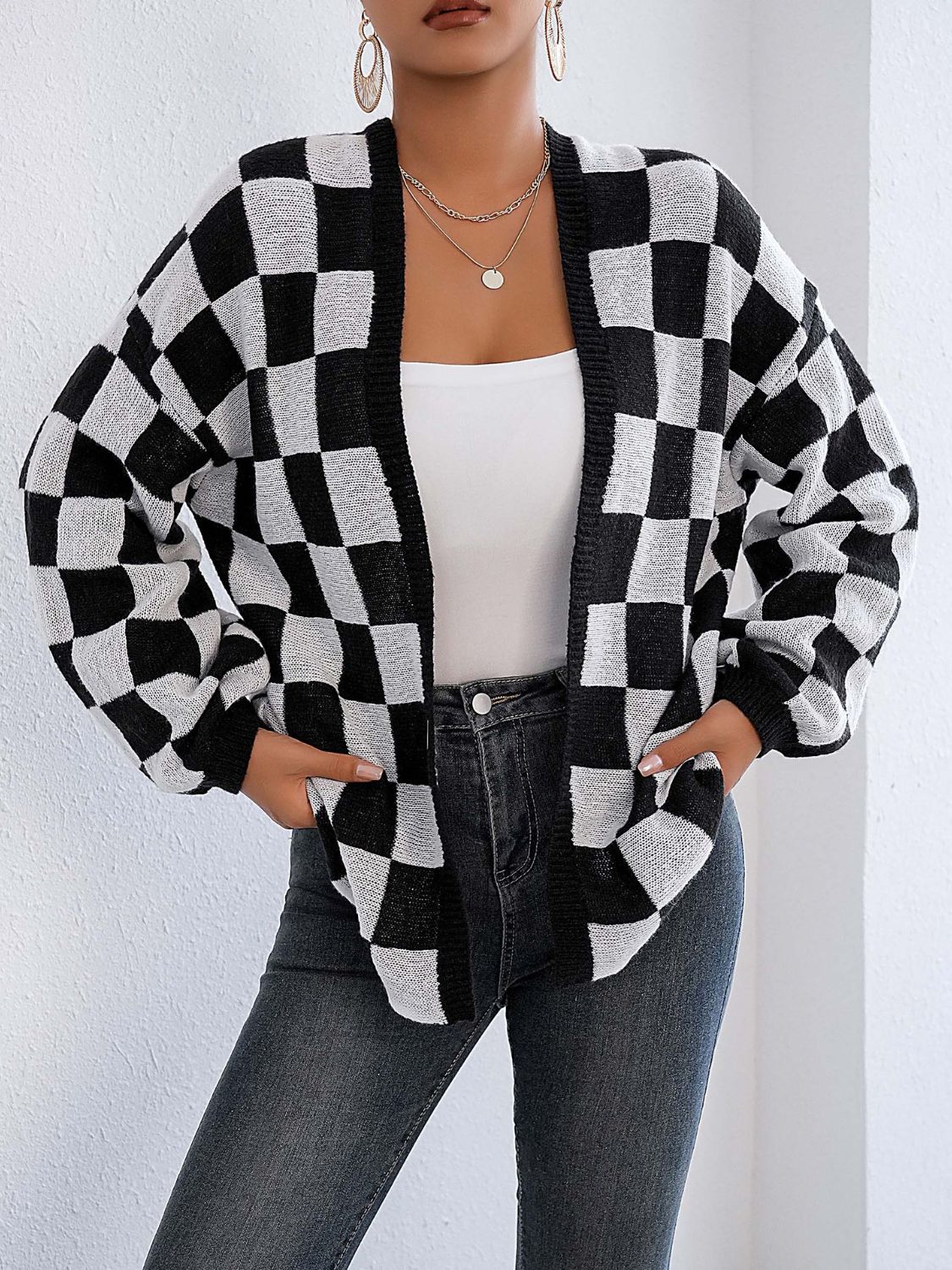 Checkered Open Front Long Sleeve Cardigan-TOPS / DRESSES-[Adult]-[Female]-2022 Online Blue Zone Planet