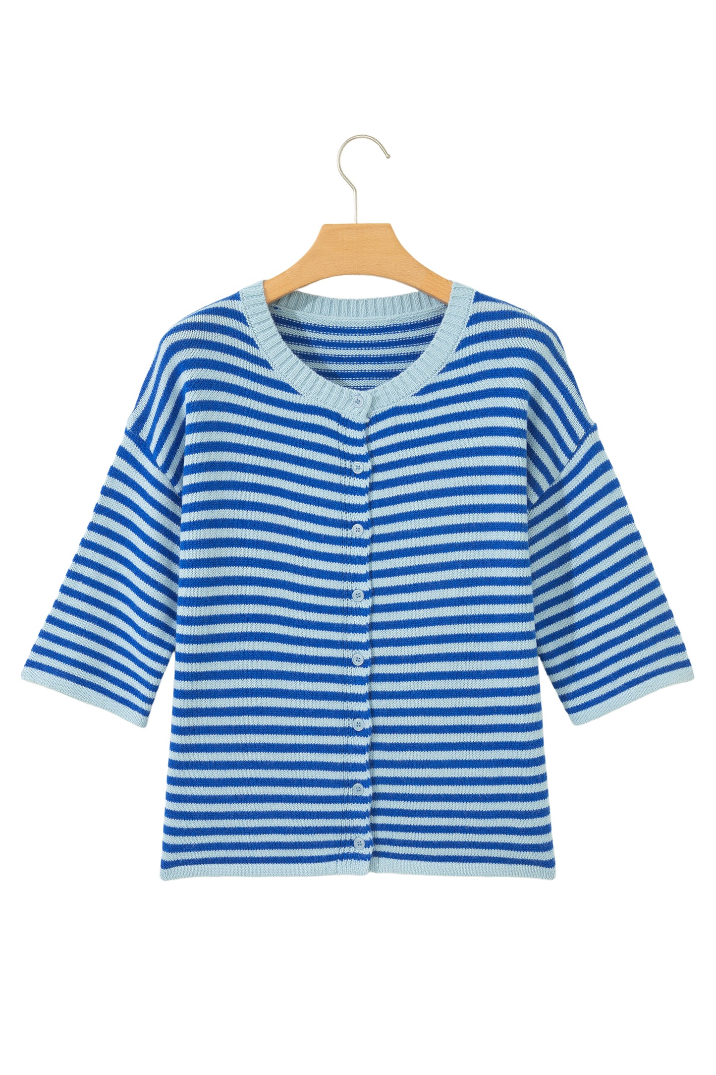 Blue Stripe Loose Half Sleeve Knit Button Down Sweater Cardigan-Sweaters & Cardigans/Cardigans-[Adult]-[Female]-2022 Online Blue Zone Planet