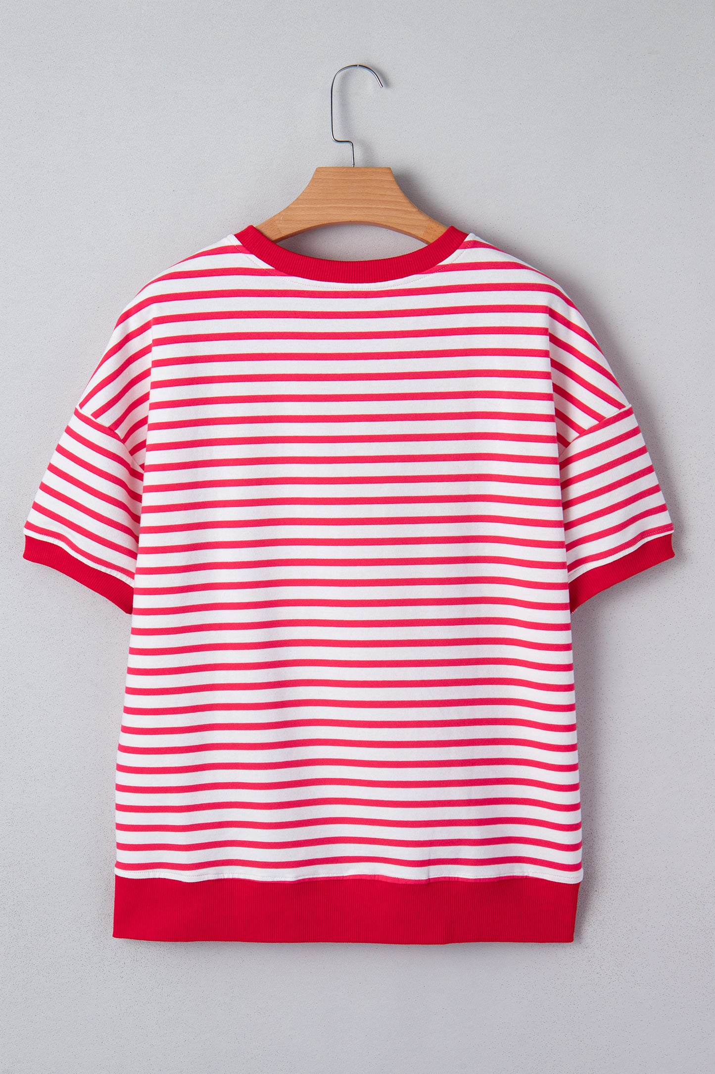 Red Stripe Drop Shoulder Half Sleeve T Shirt-Tops/Tops & Tees-[Adult]-[Female]-2022 Online Blue Zone Planet