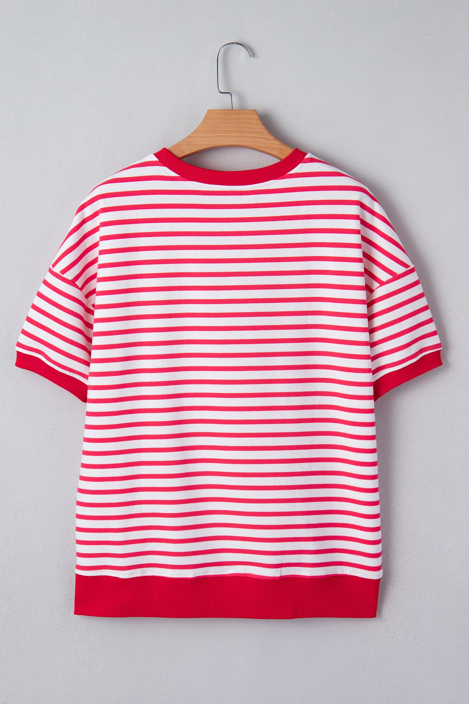 Red Stripe Drop Shoulder Half Sleeve T Shirt-Tops/Tops & Tees-[Adult]-[Female]-2022 Online Blue Zone Planet