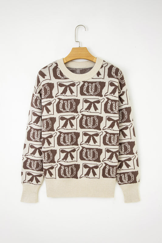 Brown Bows & Horseshoes Pattern Western Fashion Print Sweater-TOPS / DRESSES-[Adult]-[Female]-2022 Online Blue Zone Planet