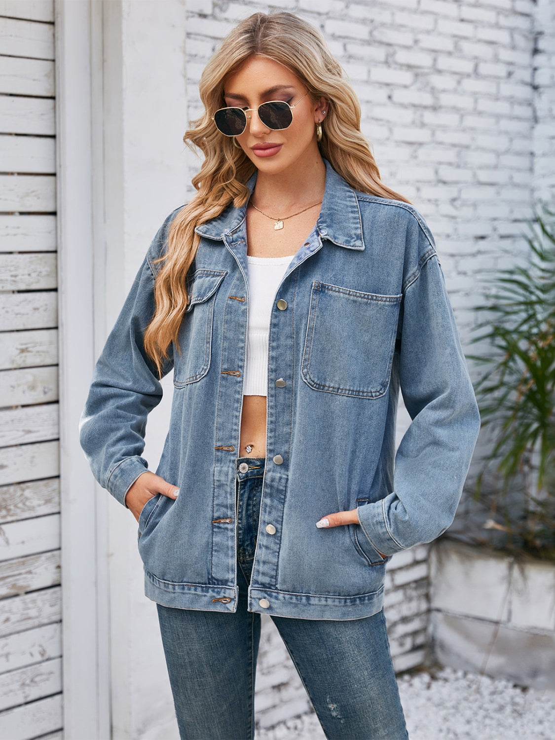 Pocketd Button Up Detachable Hooded Denim Jacket-TOPS / DRESSES-[Adult]-[Female]-Dusty Blue-S-2022 Online Blue Zone Planet