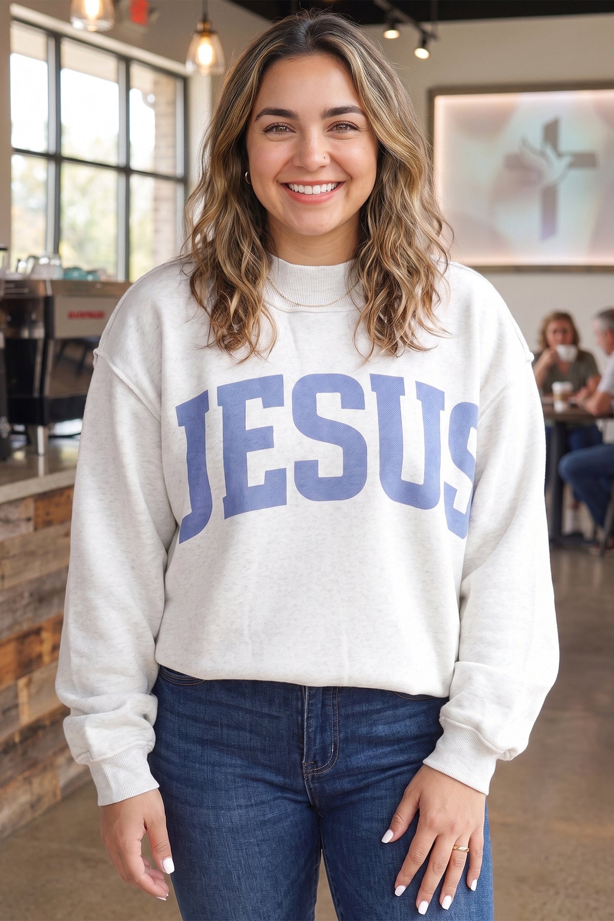 Light Grey Jesus Slogan Stand Neck Long Sleeve Oversized Tunic Plus Size Sweatshirt