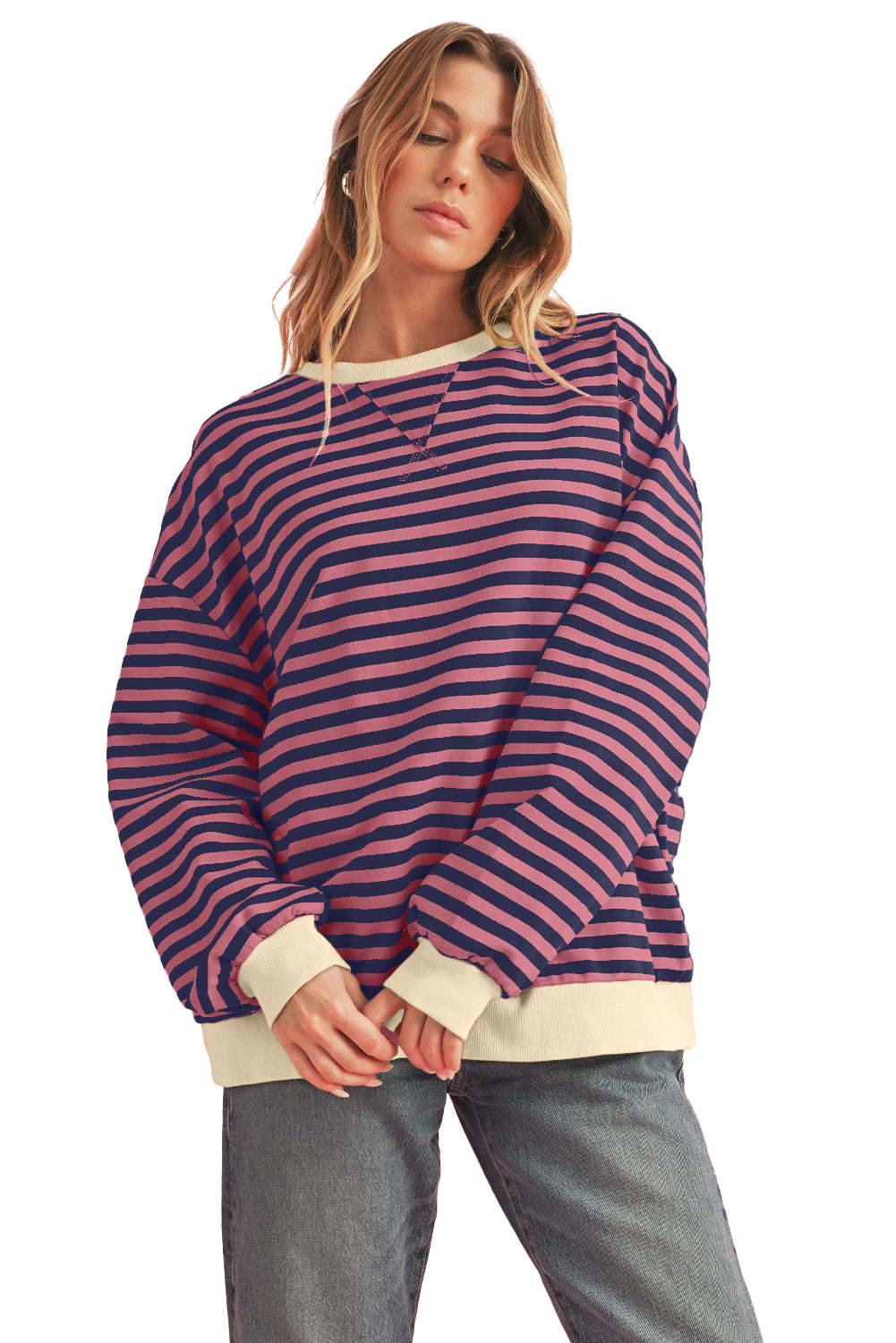 Black Stripe Contrast Edge Cross Seam Oversized Sweatshirt-Sweatshirts & Hoodies-[Adult]-[Female]-2022 Online Blue Zone Planet