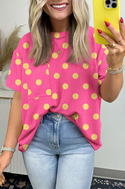 Pink Polka Dot Round Neck Drop Shoulder Patch Pocket Jacquard Texture Top-Tops/Tops & Tees-[Adult]-[Female]-Pink-S-2022 Online Blue Zone Planet