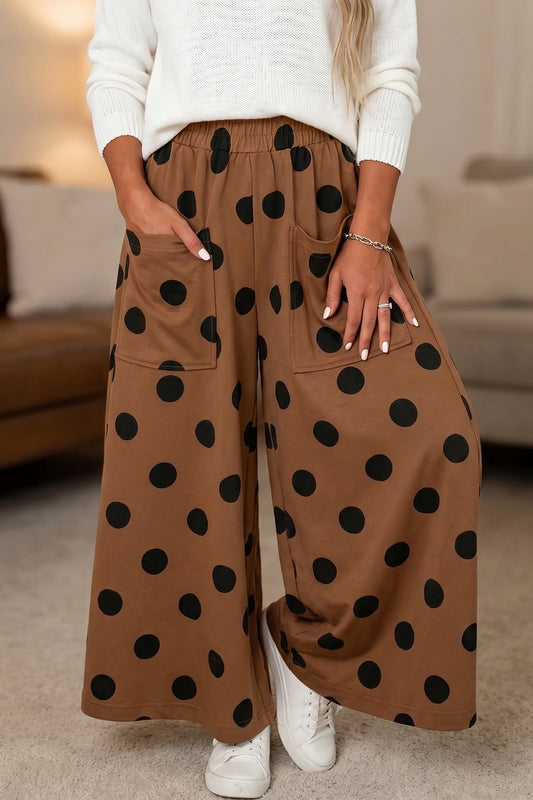 Brown Polka Dot Wide Leg Elastic Waist Casual Pants-Bottoms/Pants & Culotte-[Adult]-[Female]-Brown-S-2022 Online Blue Zone Planet