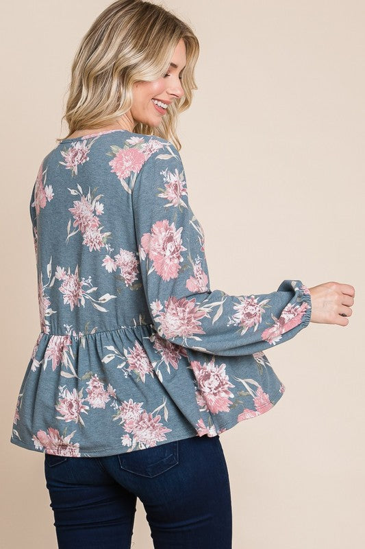 Blue Zone Planet | Super Lady Full Size Babydoll Floral Long Sleeve Blouse-TOPS / DRESSES-[Adult]-[Female]-2022 Online Blue Zone Planet